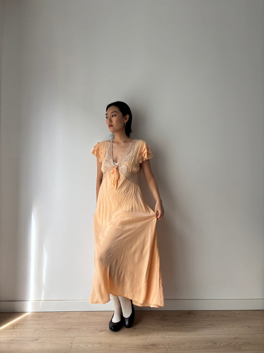 1930s Antique Ruffle Lace Peach Pure Silk Embroidered Nightgown