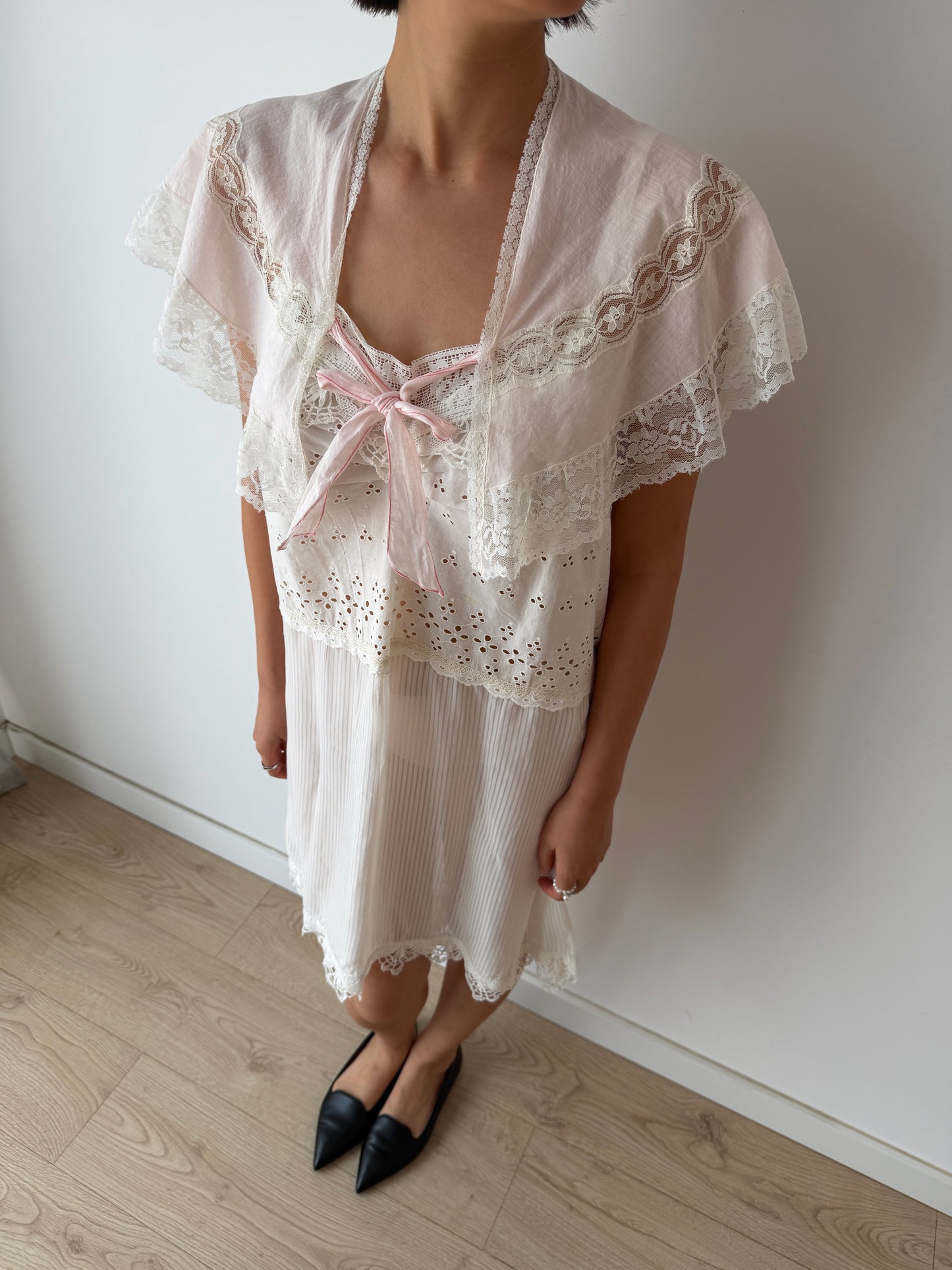 1920s Pink French Lace Cotton Bolero Embroidered Bed Jacket