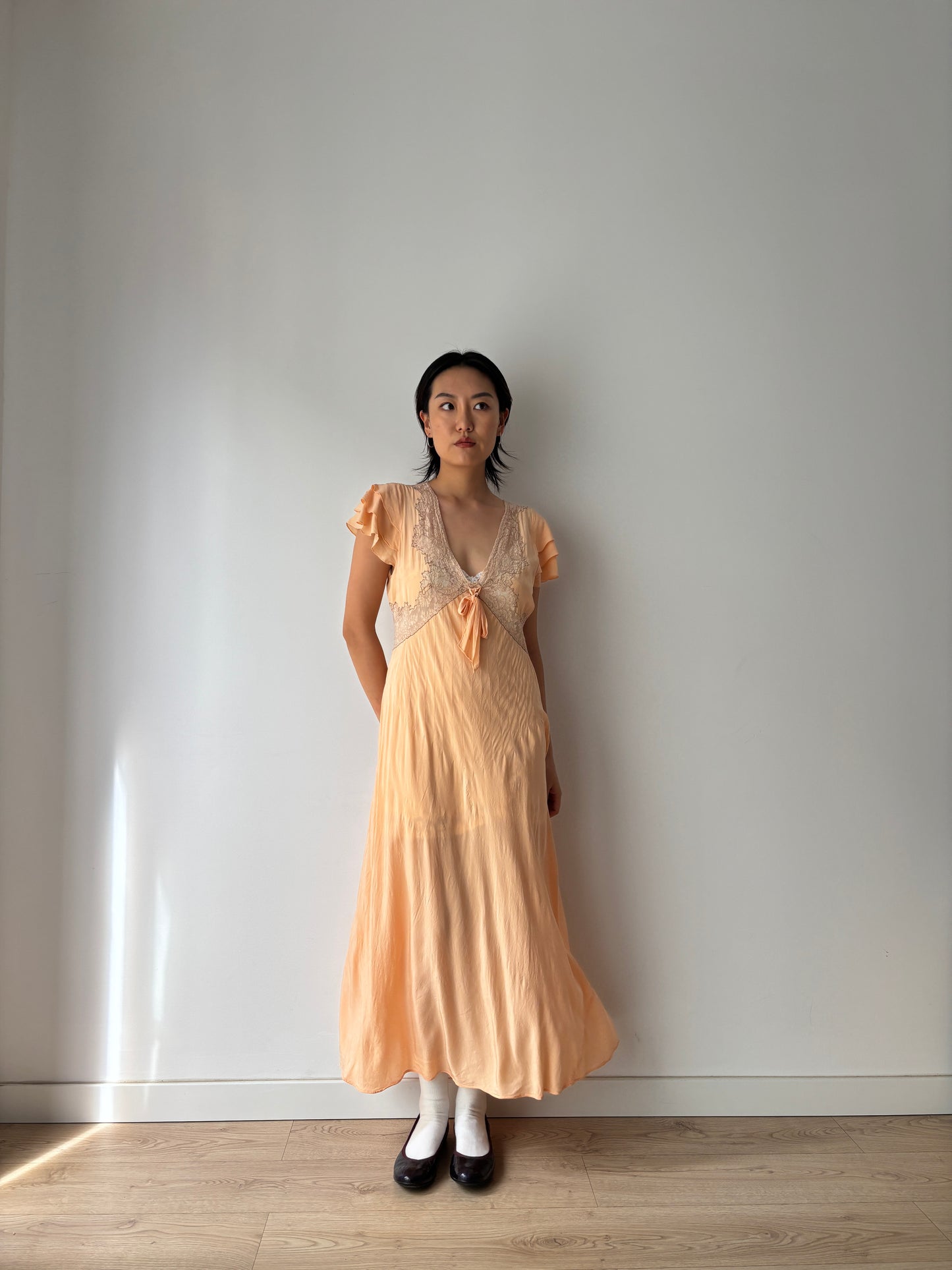 1930s Antique Ruffle Lace Peach Pure Silk Embroidered Nightgown