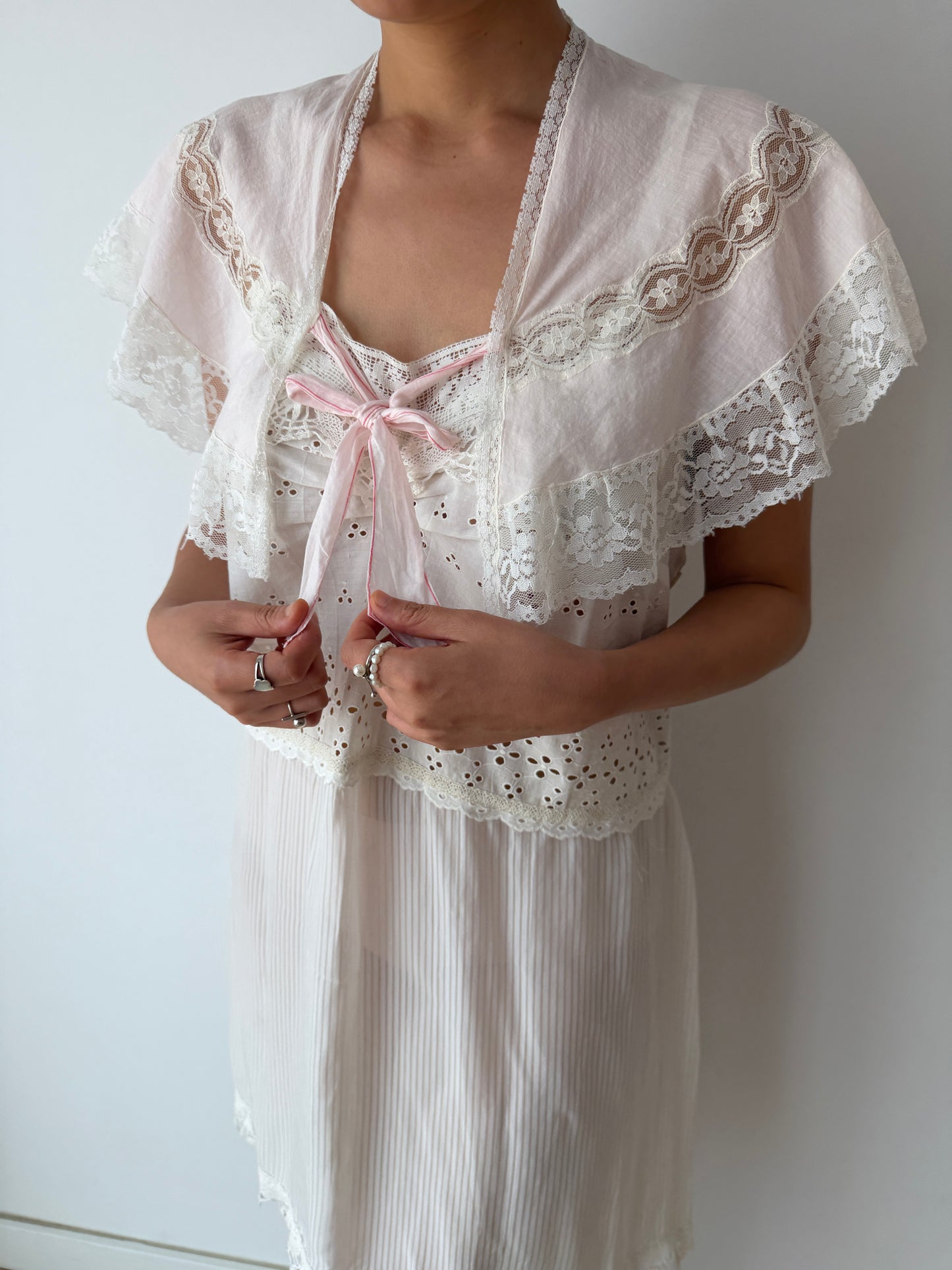 1920s Pink French Lace Cotton Bolero Embroidered Bed Jacket