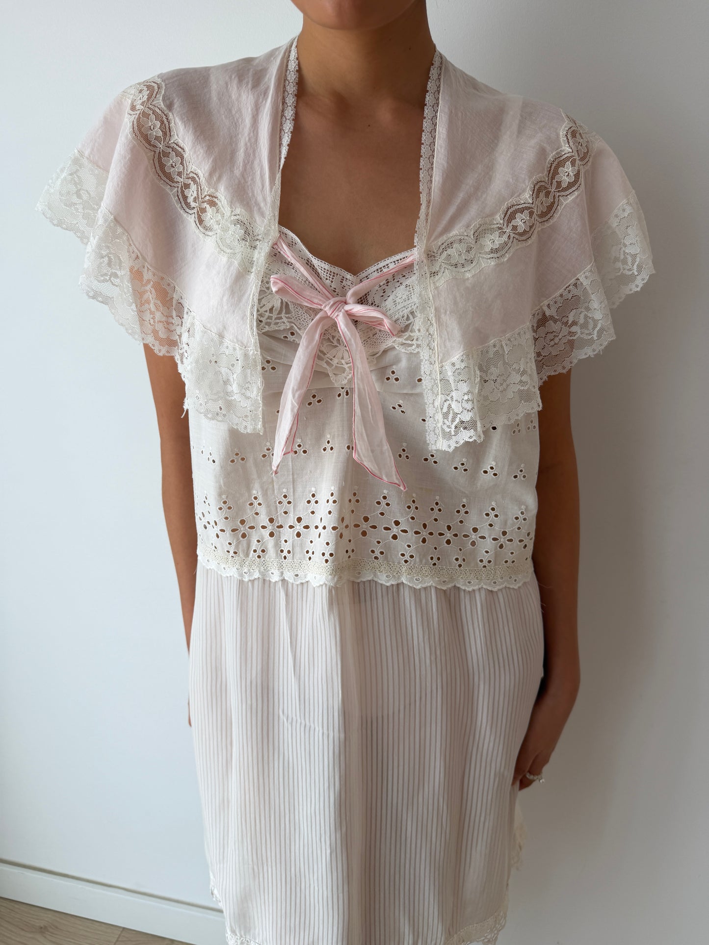 1920s Pink French Lace Cotton Bolero Embroidered Bed Jacket