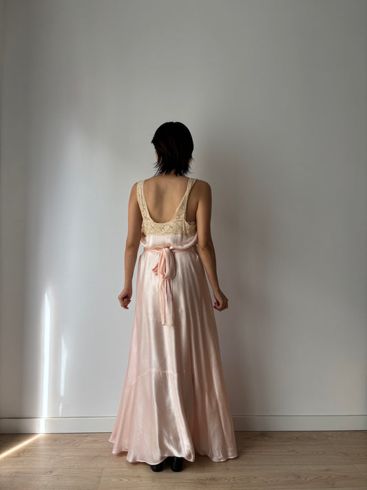1930s Silk Satin Dress, 1940s Bias Cut Bridal Antique Pastel Pink Lace Nightgown