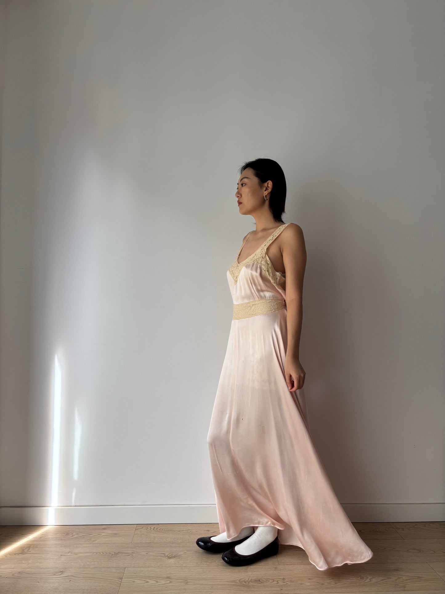 1930s Silk Satin Dress, 1940s Bias Cut Bridal Antique Pastel Pink Lace Nightgown