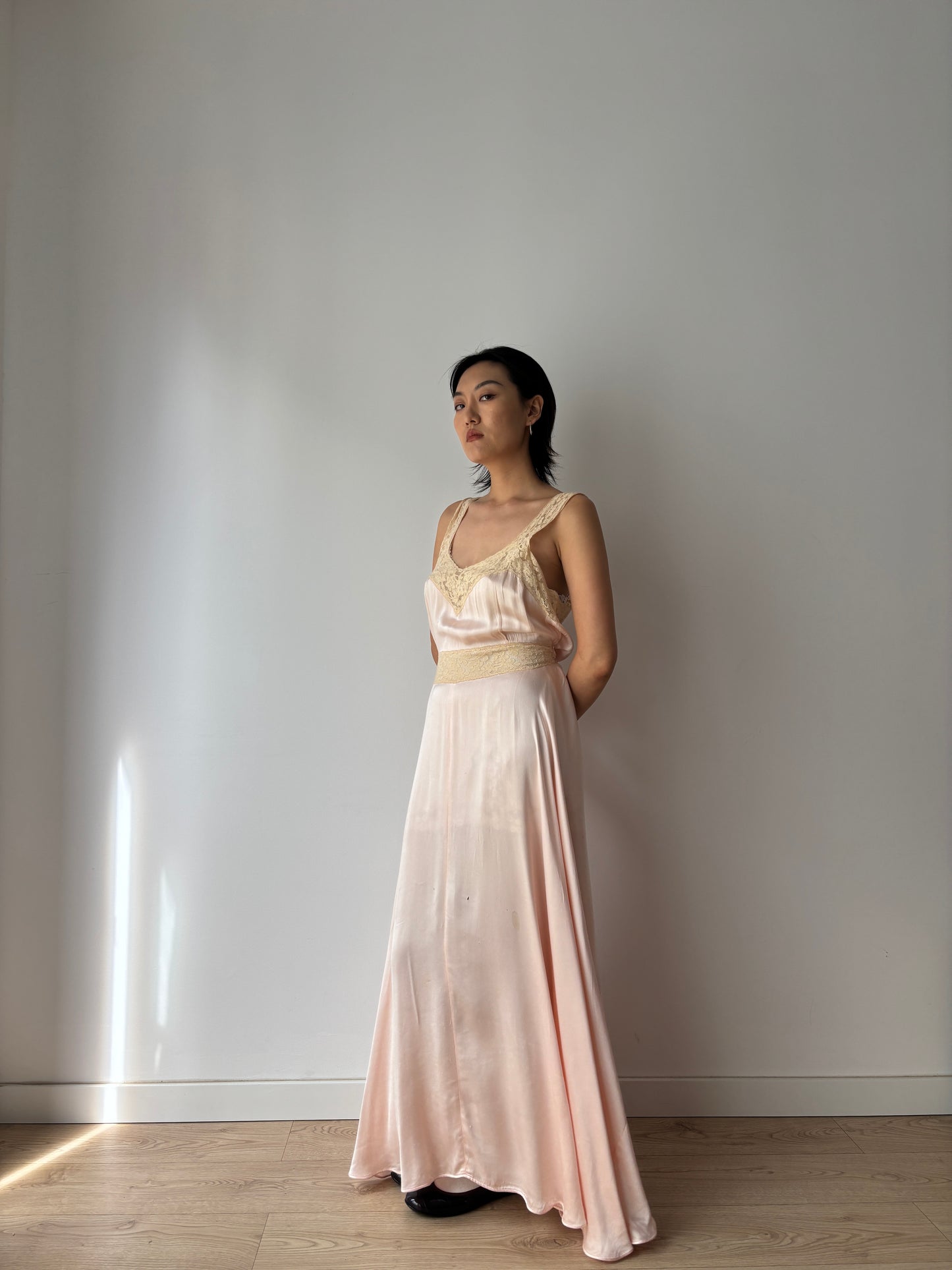 1930s Silk Satin Dress, 1940s Bias Cut Bridal Antique Pastel Pink Lace Nightgown