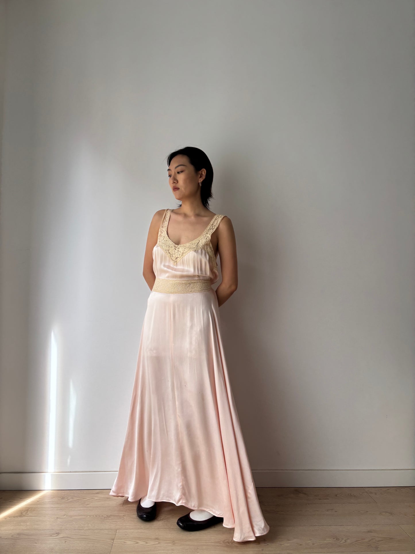 1930s Silk Satin Dress, 1940s Bias Cut Bridal Antique Pastel Pink Lace Nightgown