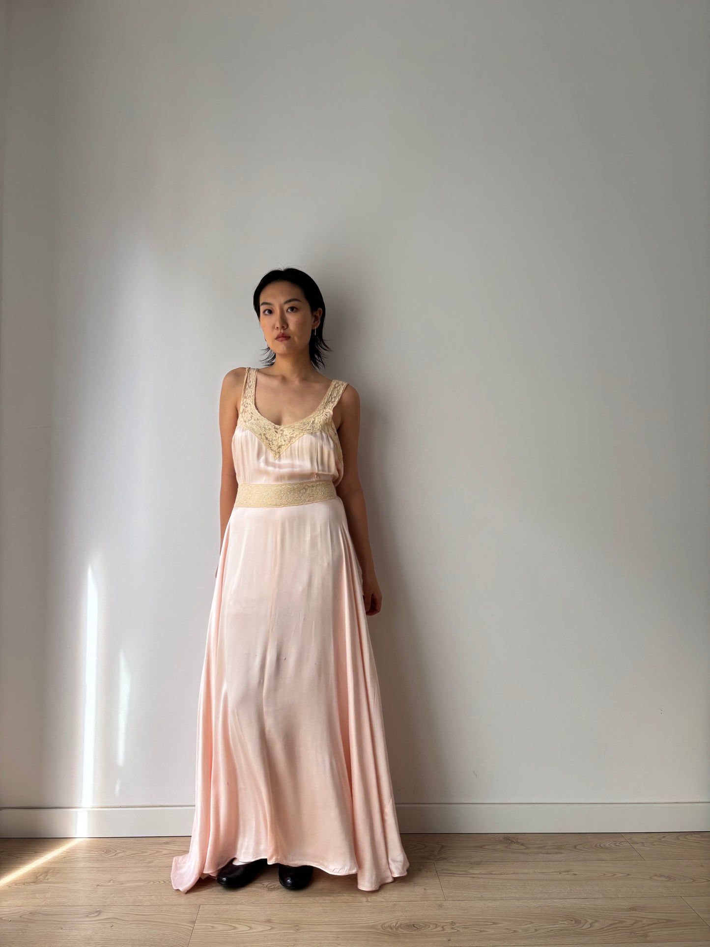 1930s Silk Satin Dress, 1940s Bias Cut Bridal Antique Pastel Pink Lace Nightgown