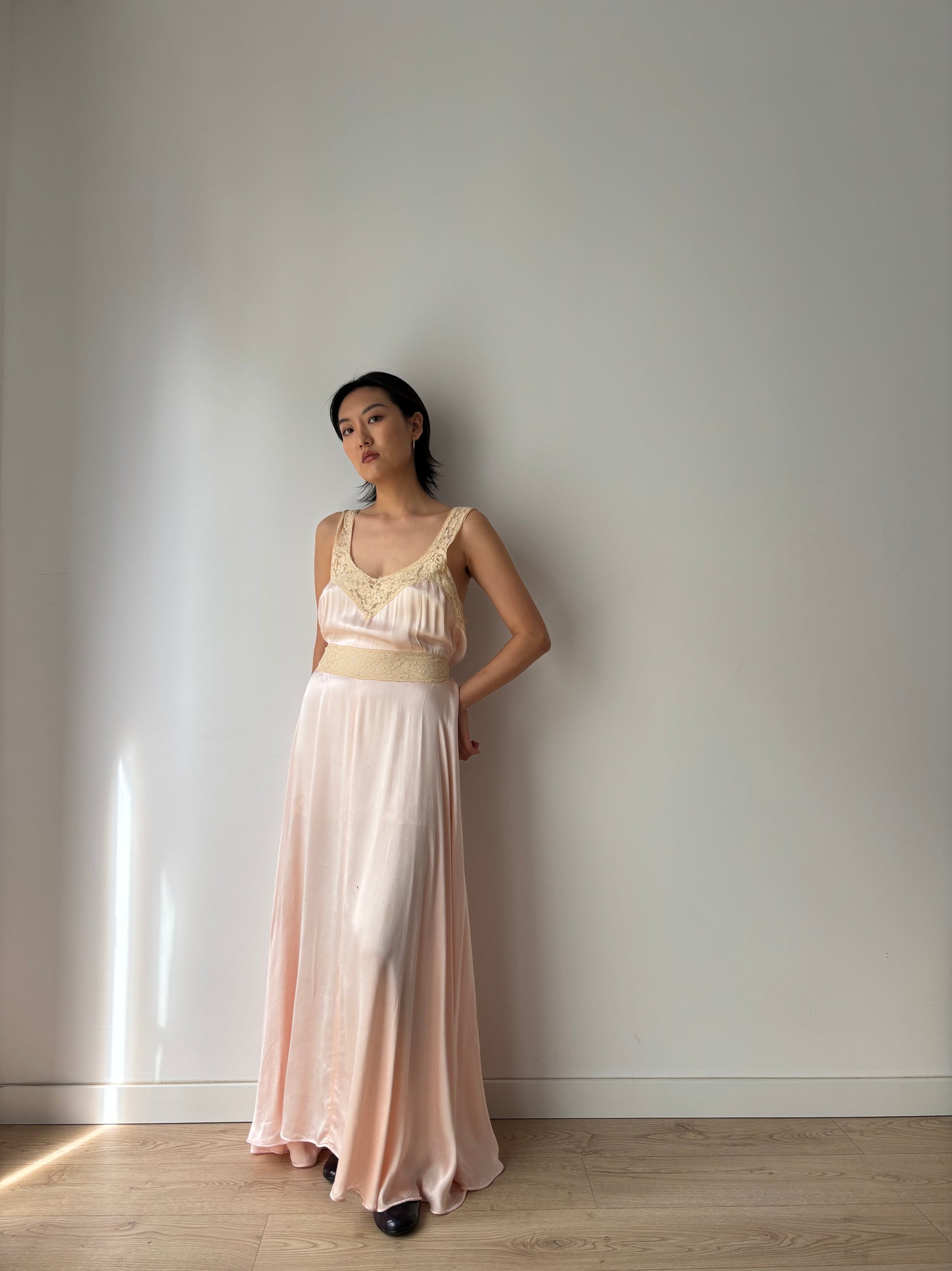 1930s Silk Satin Dress, 1940s Bias Cut Bridal Antique Pastel Pink Lace Nightgown