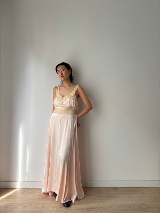 1930s Silk Satin Dress, 1940s Bias Cut Bridal Antique Pastel Pink Lace Nightgown