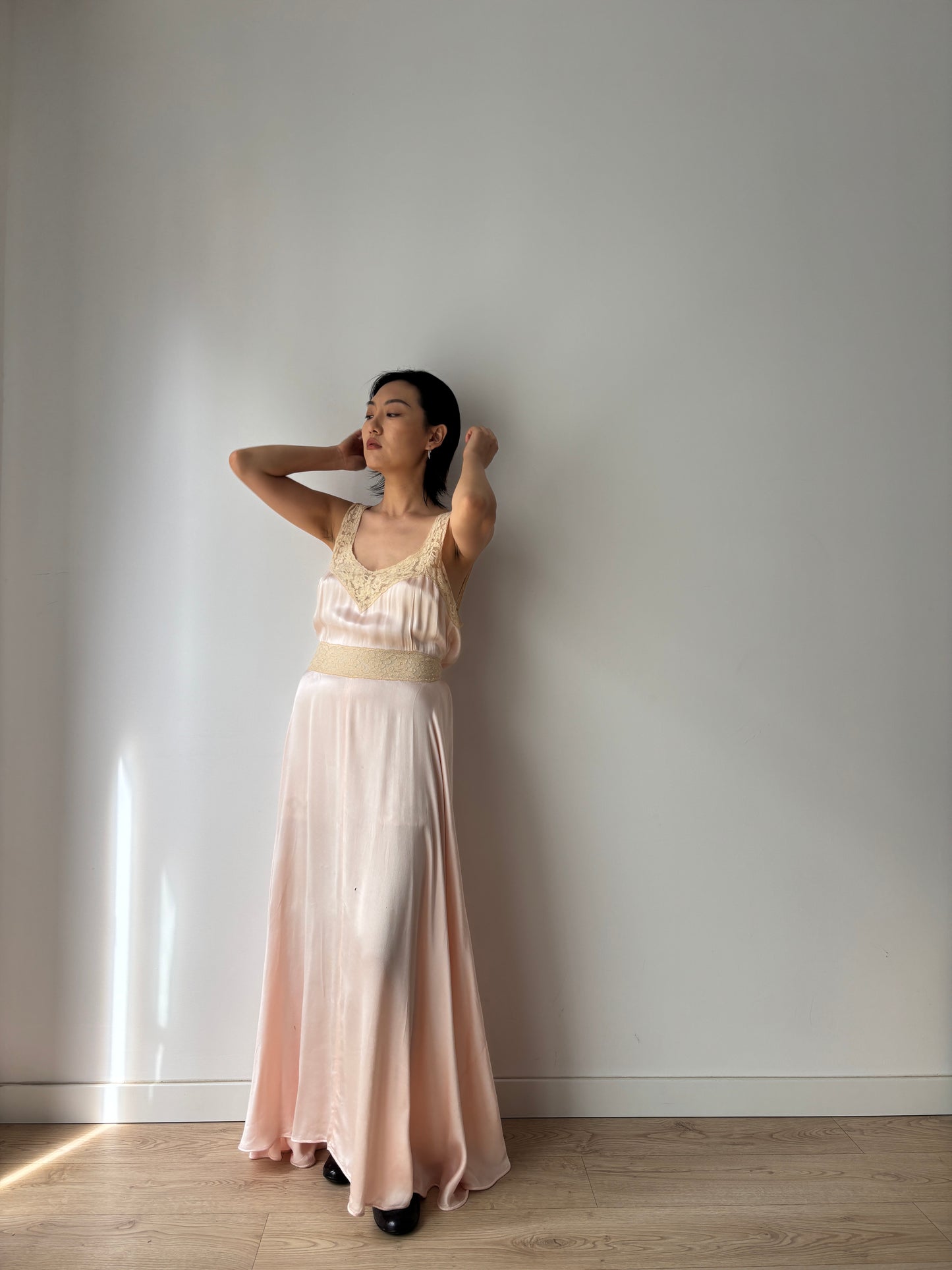 1930s Silk Satin Dress, 1940s Bias Cut Bridal Antique Pastel Pink Lace Nightgown