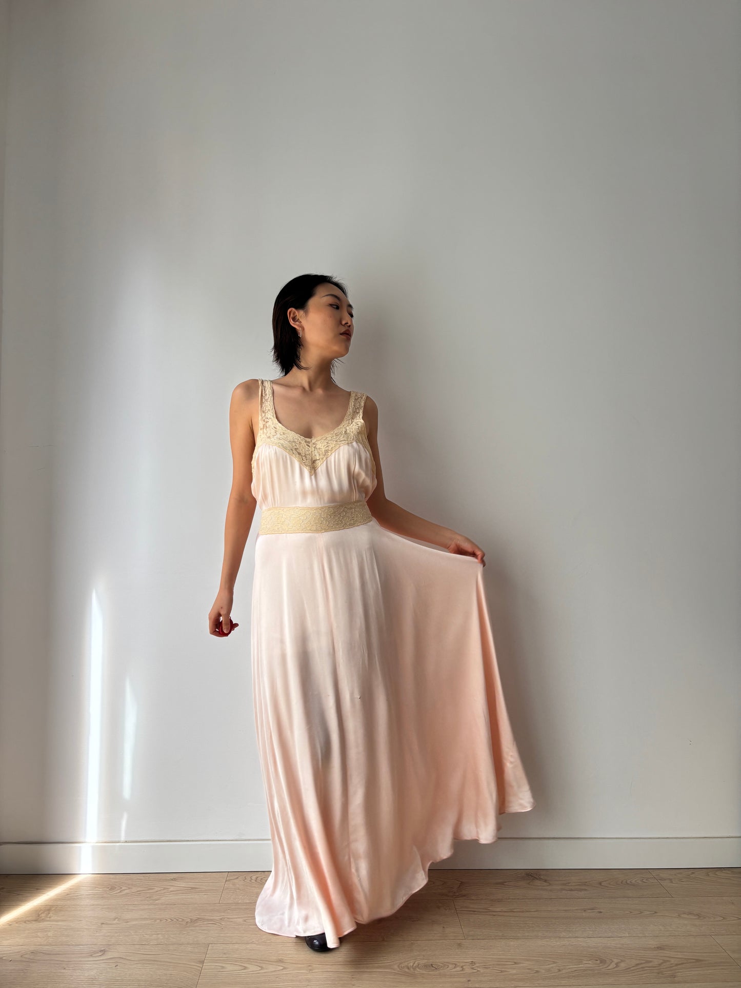 1930s Silk Satin Dress, 1940s Bias Cut Bridal Antique Pastel Pink Lace Nightgown