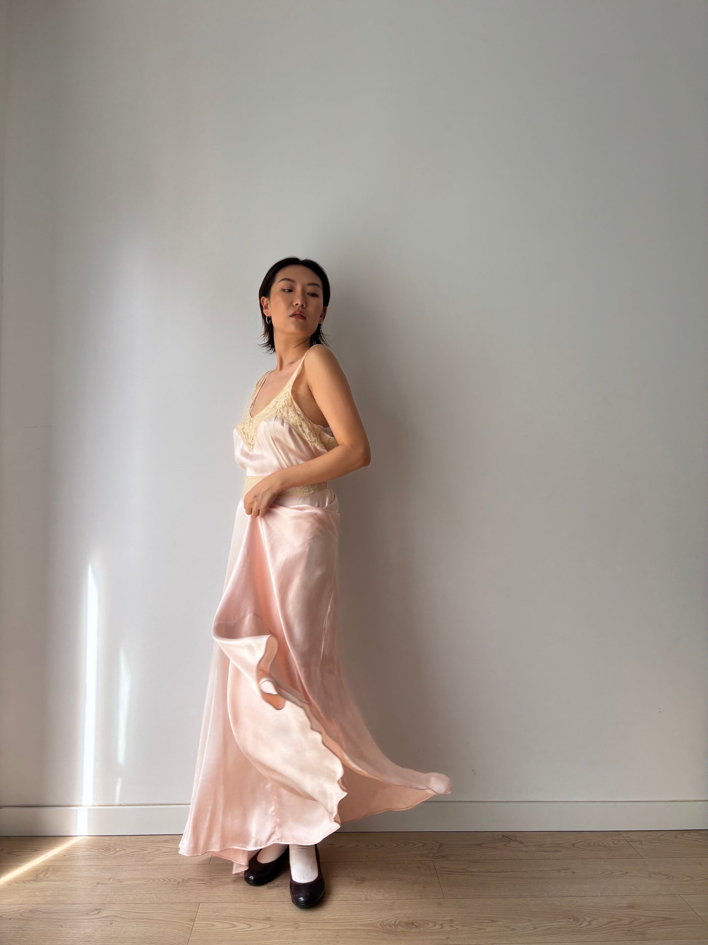 1930s Silk Satin Dress, 1940s Bias Cut Bridal Antique Pastel Pink Lace Nightgown