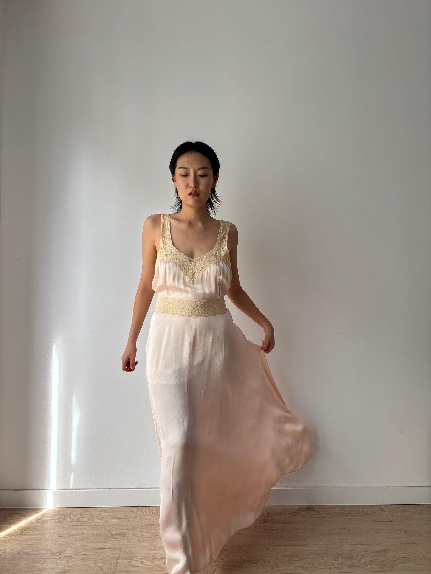 1930s Silk Satin Dress, 1940s Bias Cut Bridal Antique Pastel Pink Lace Nightgown