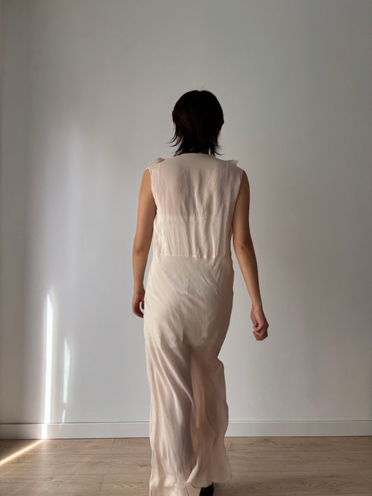 1940’s pale pink ruffled bias cut nightgown maxi lingerie dress, homemade romantic cottage-core dress