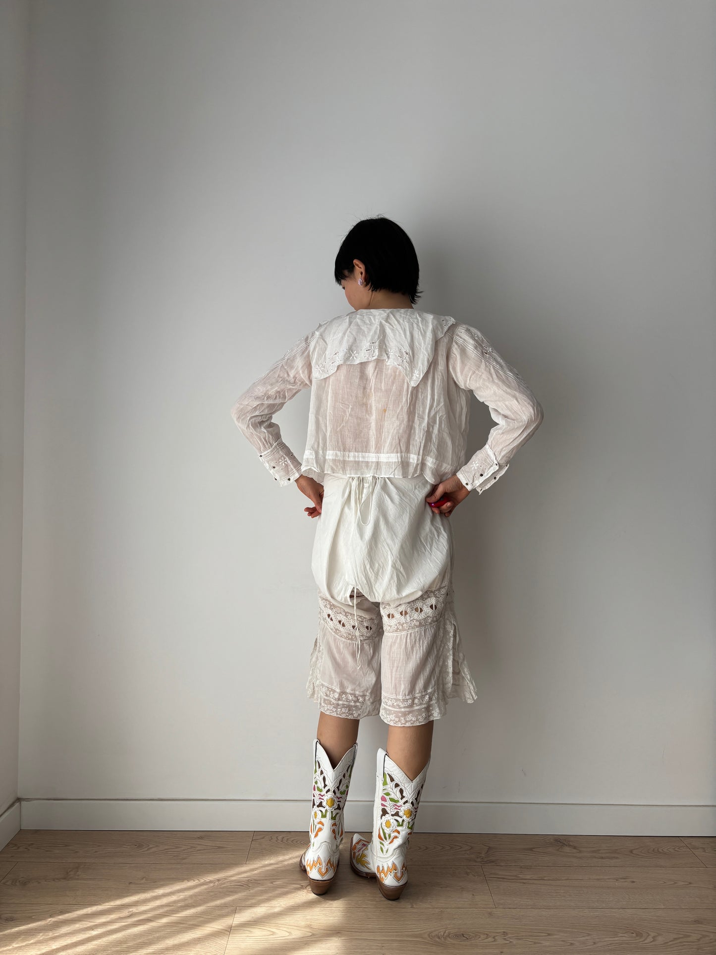 Antique 1900s Lace Renaissance Victorian Edwardian Lingerie Culottes Panties, Parisian White Knickers French Bloomers with Open Crotch