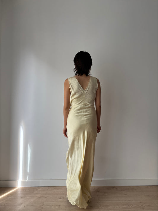 1940s Antique 100% Silk Yellow Embroidered Long Slip Maxi dress