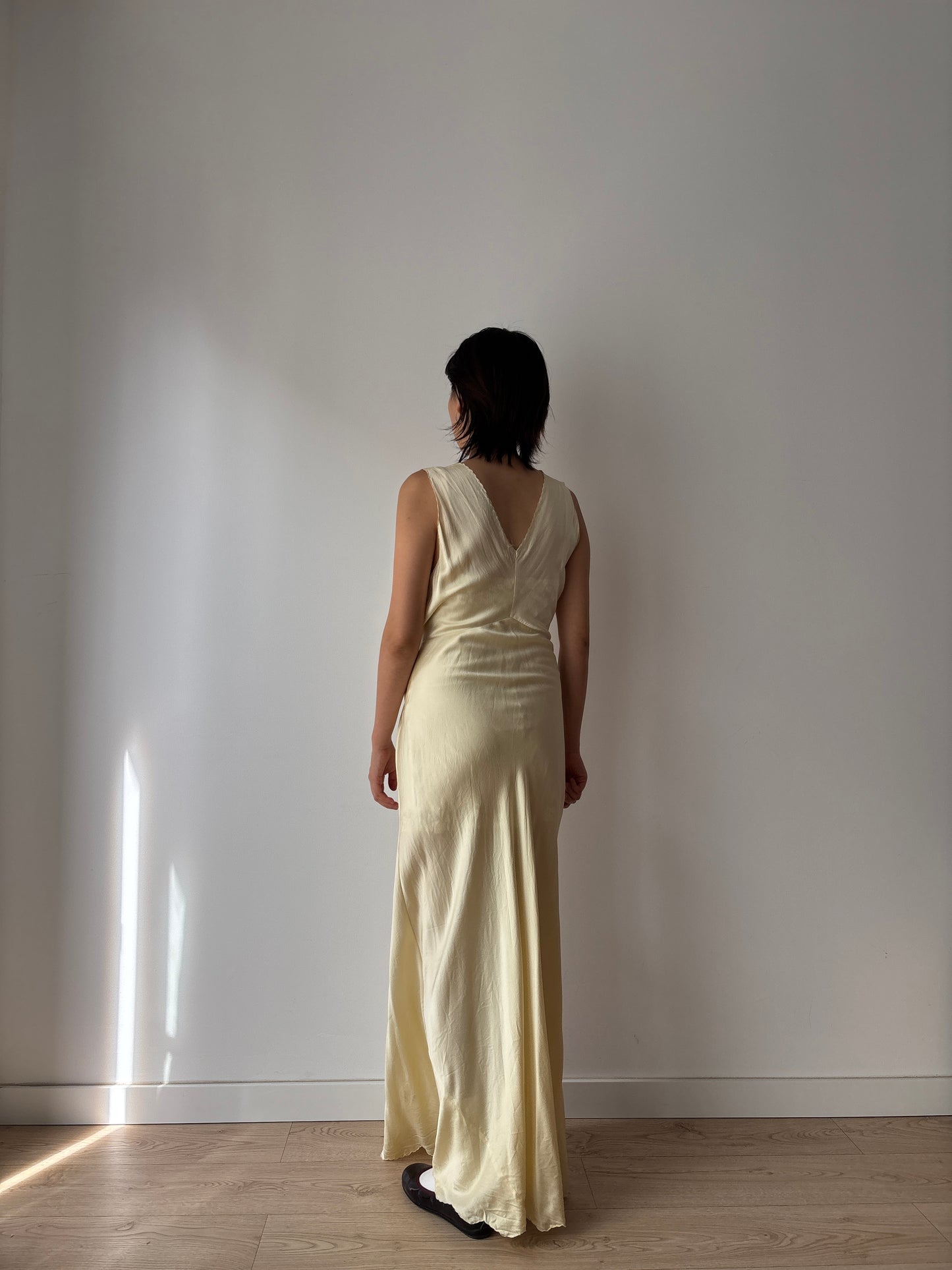 1940s Antique 100% Silk Yellow Embroidered Long Slip Maxi dress