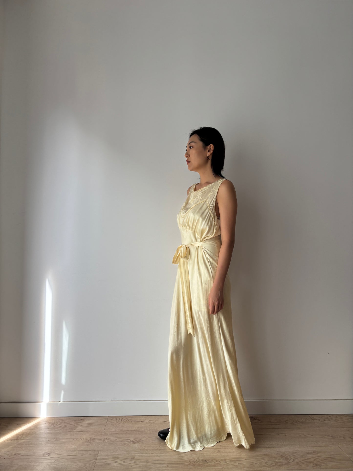 1940s Antique 100% Silk Yellow Embroidered Long Slip Maxi dress