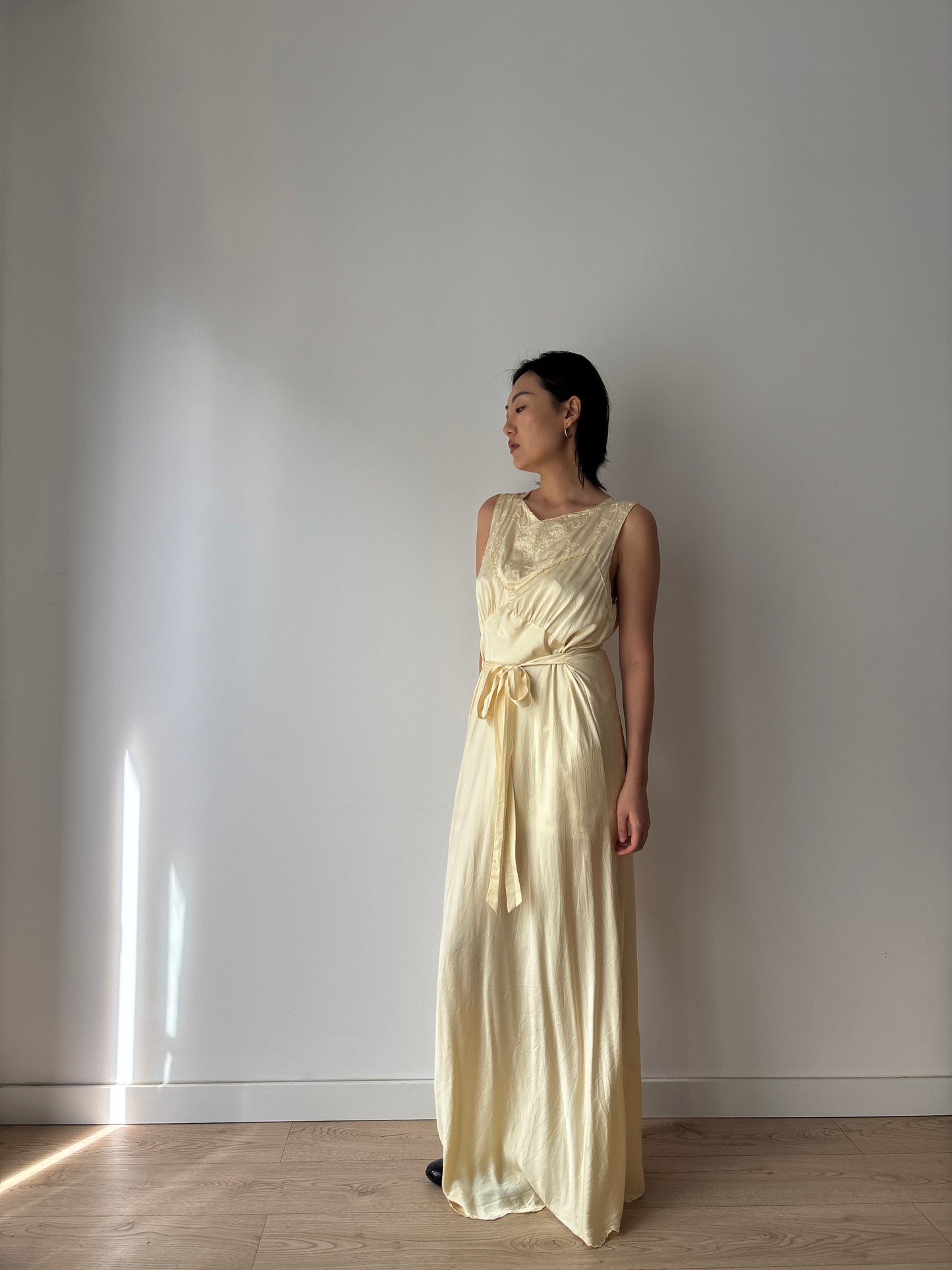 1940s Antique 100% Silk Yellow Embroidered Long Slip Maxi dress