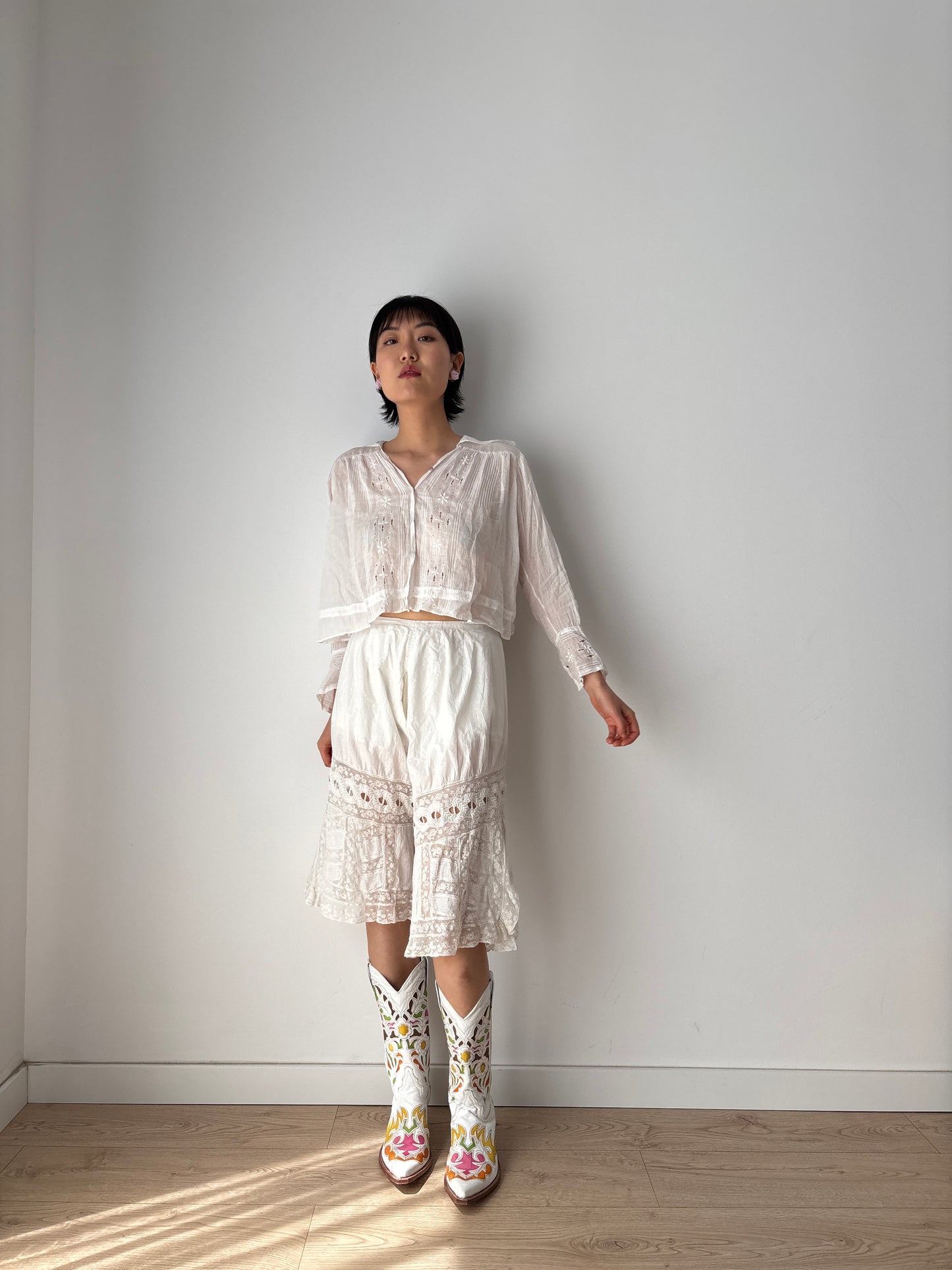 Antique 1900s Lace Renaissance Victorian Edwardian Lingerie Culottes Panties, Parisian White Knickers French Bloomers with Open Crotch