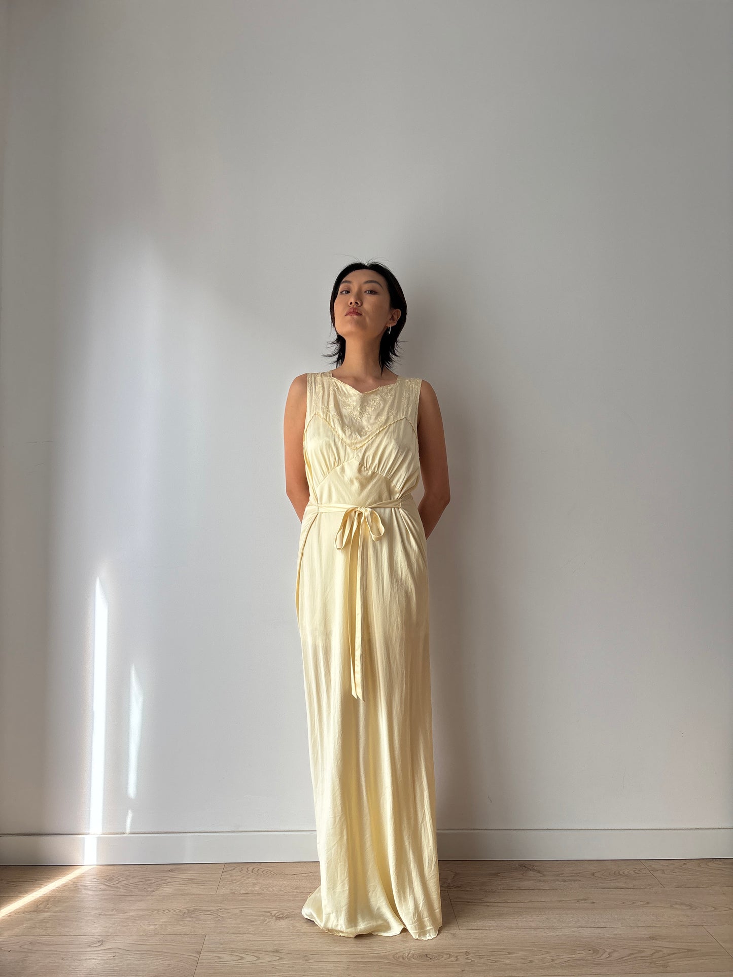 1940s Antique 100% Silk Yellow Embroidered Long Slip Maxi dress