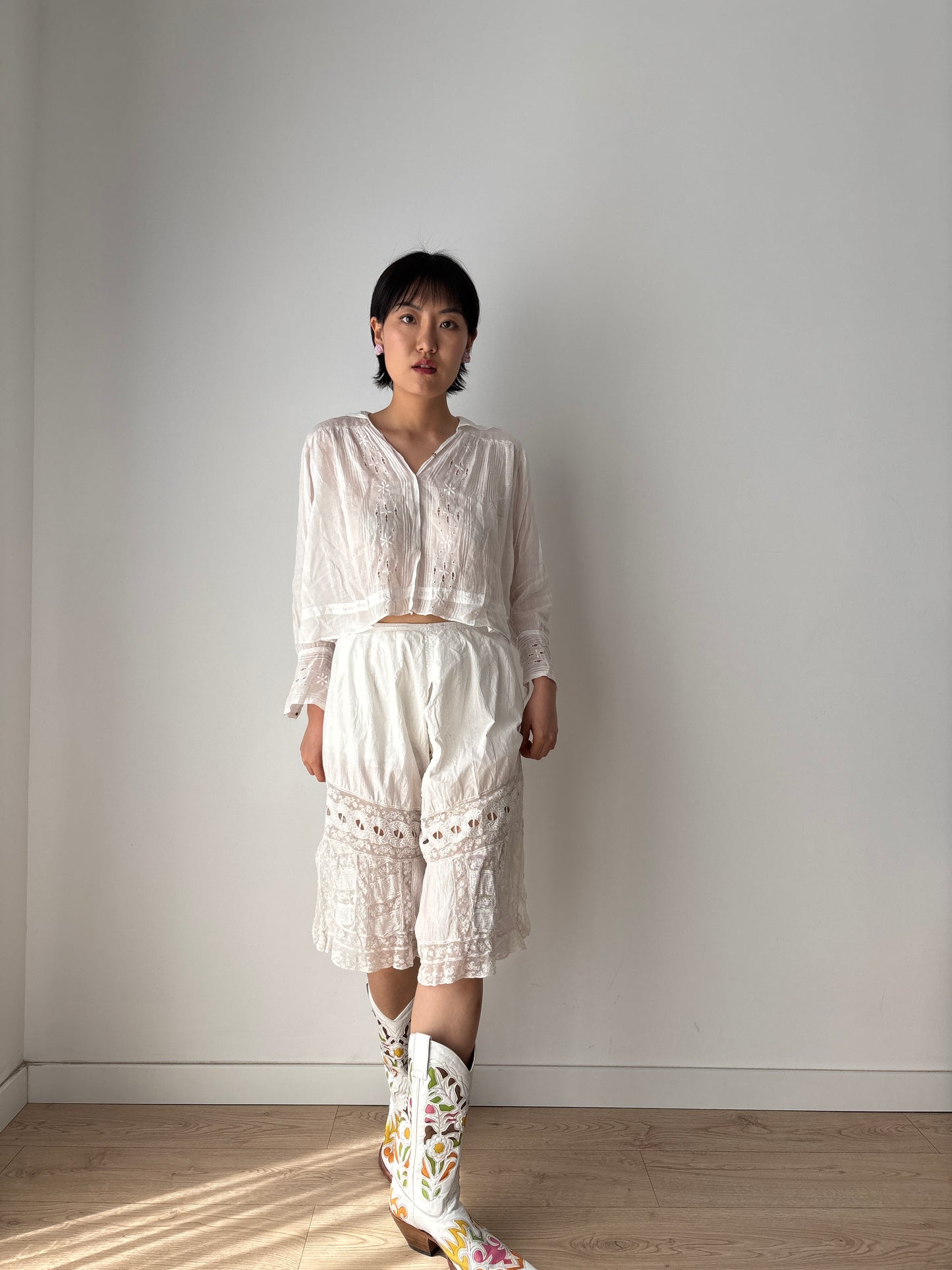 Antique 1900s Lace Renaissance Victorian Edwardian Lingerie Culottes Panties, Parisian White Knickers French Bloomers with Open Crotch