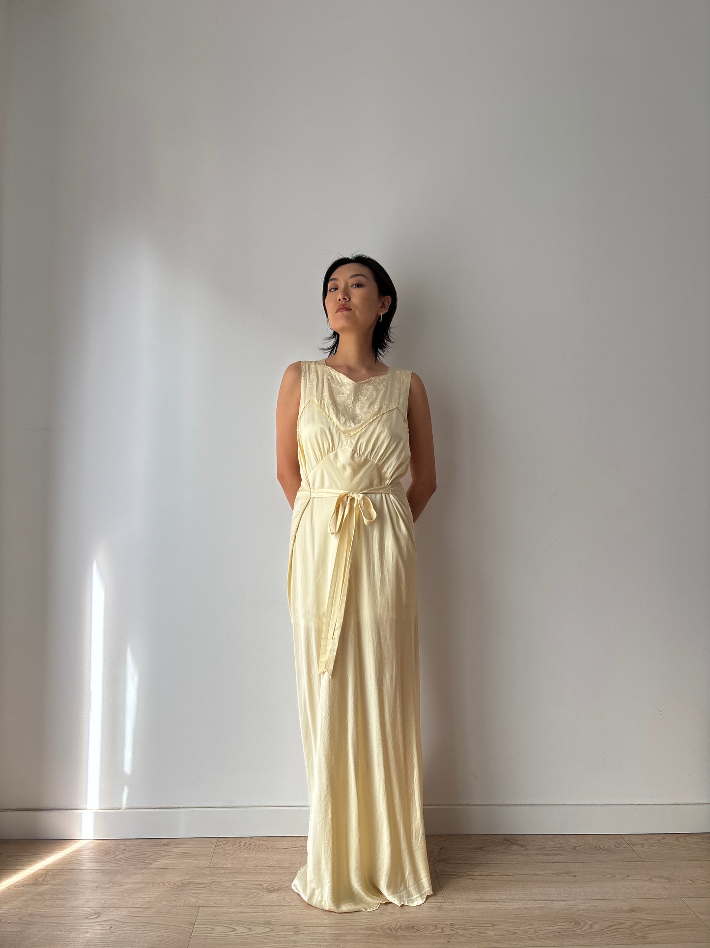 1940s Antique 100% Silk Yellow Embroidered Long Slip Maxi dress