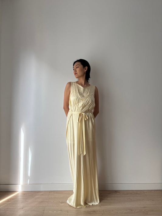 1940s Antique 100% Silk Yellow Embroidered Long Slip Maxi dress