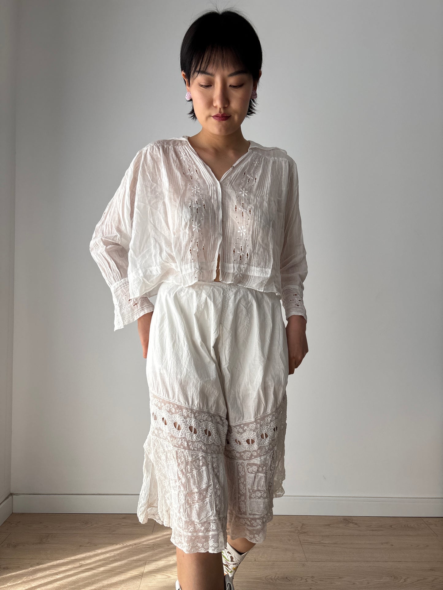 Antique 1900s Lace Renaissance Victorian Edwardian Lingerie Culottes Panties, Parisian White Knickers French Bloomers with Open Crotch