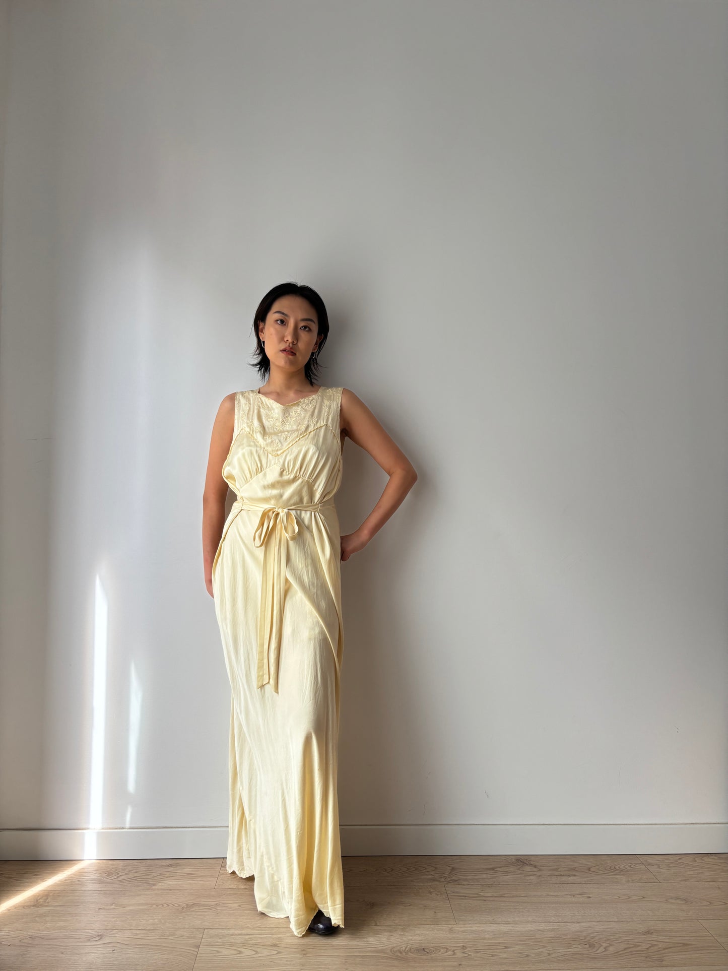 1940s Antique 100% Silk Yellow Embroidered Long Slip Maxi dress