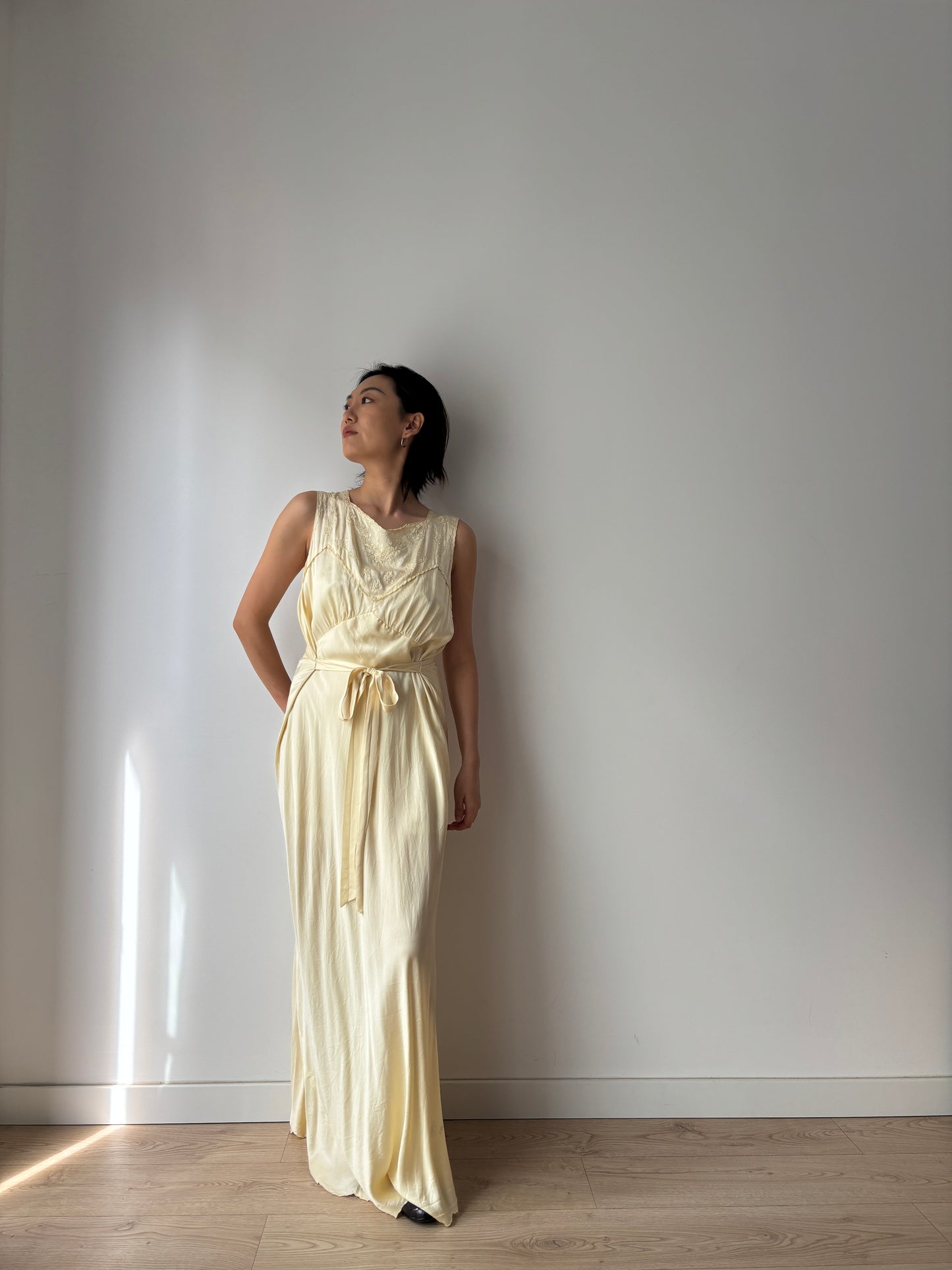 1940s Antique 100% Silk Yellow Embroidered Long Slip Maxi dress