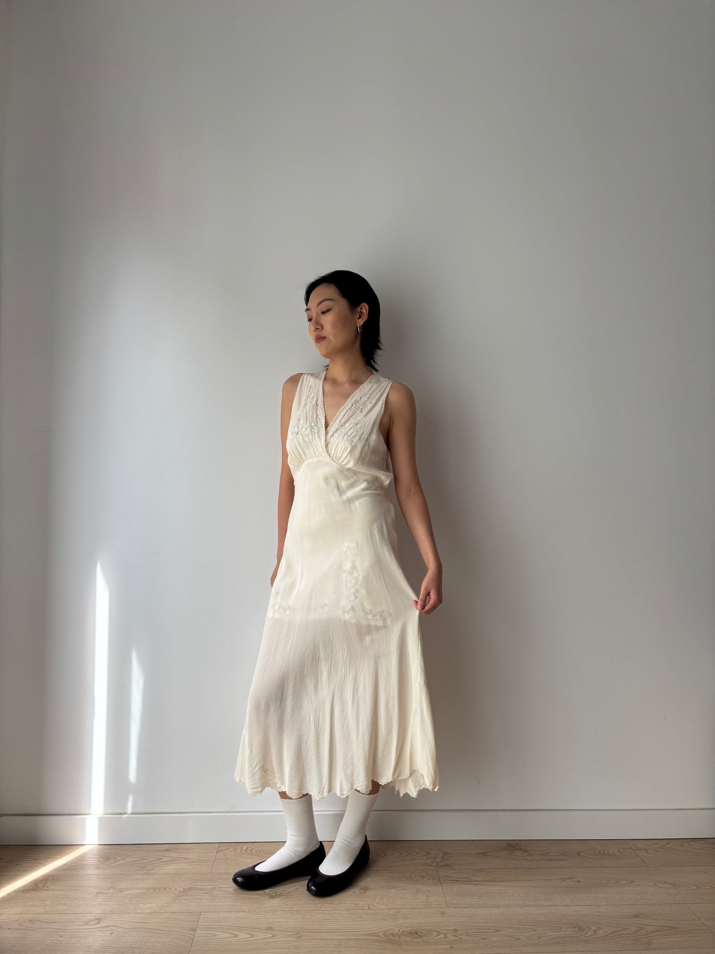 Antique vintage 1950s 1940s bias cut pure silk hand embroidered lace art deco white nightgown maxi slip dress