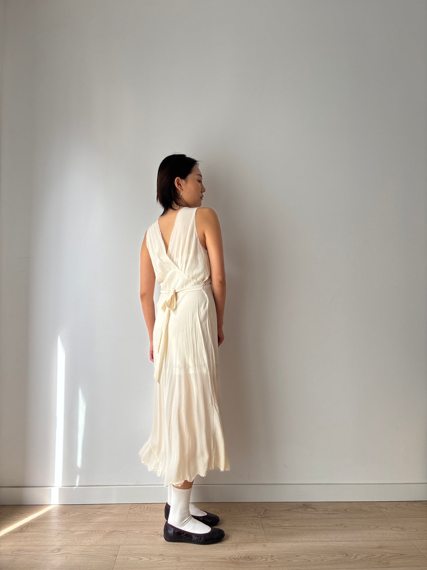 Antique vintage 1950s 1940s bias cut pure silk hand embroidered lace art deco white nightgown maxi slip dress