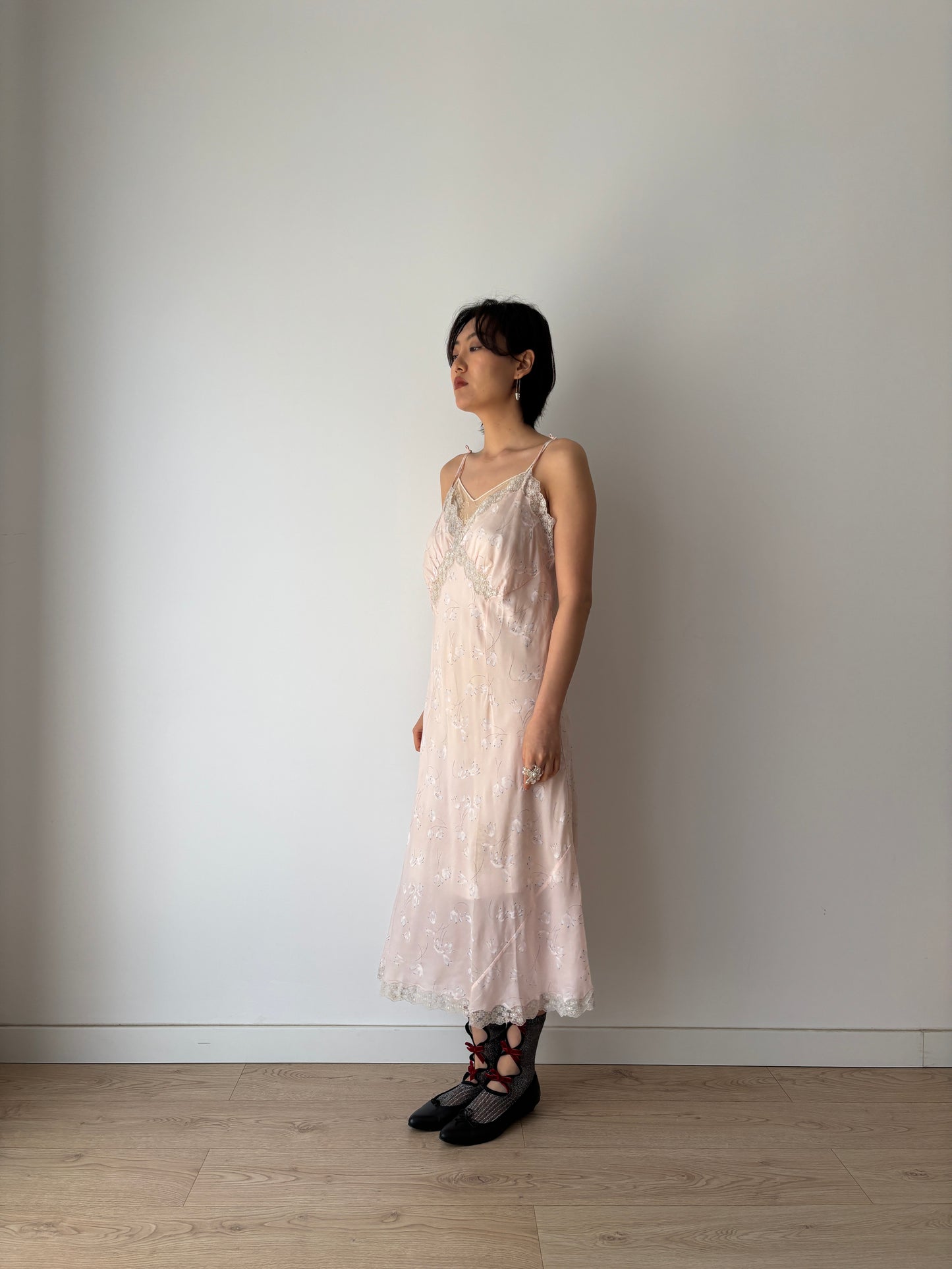 1940s rayon floral print lace slip