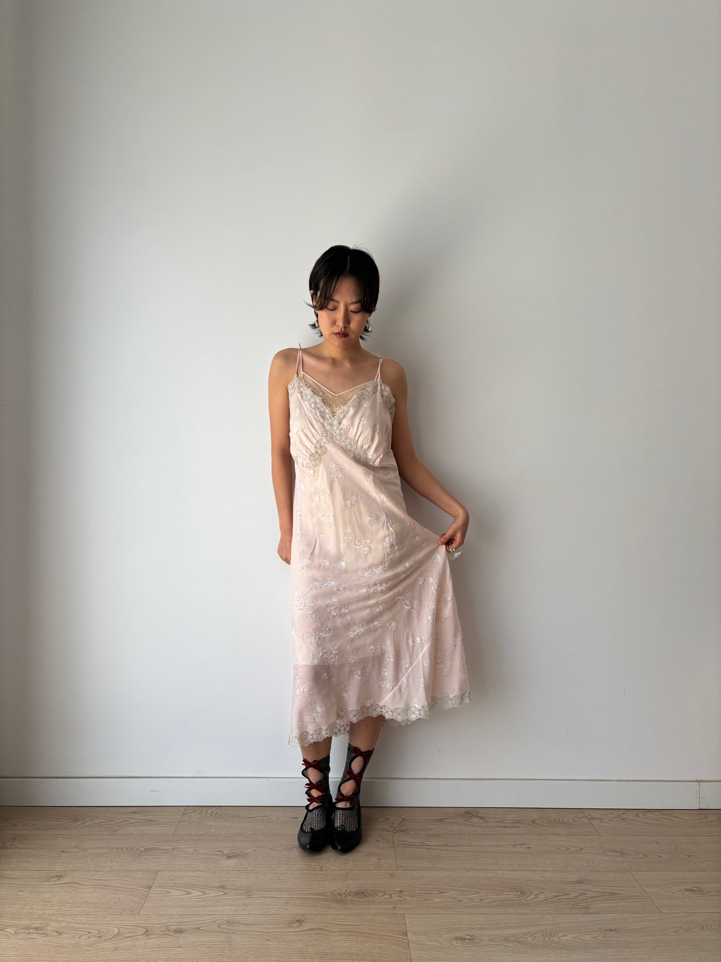1940s rayon floral print lace slip