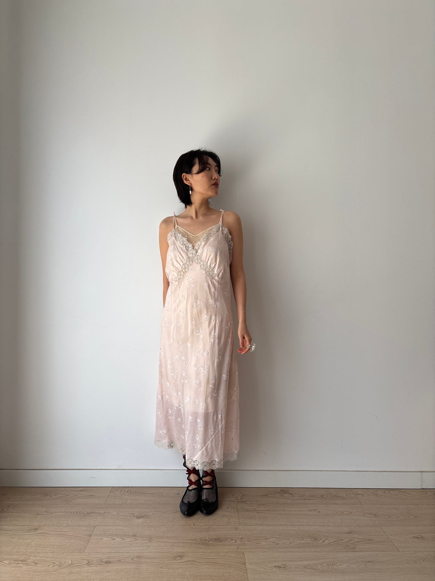 1940s rayon floral print lace slip