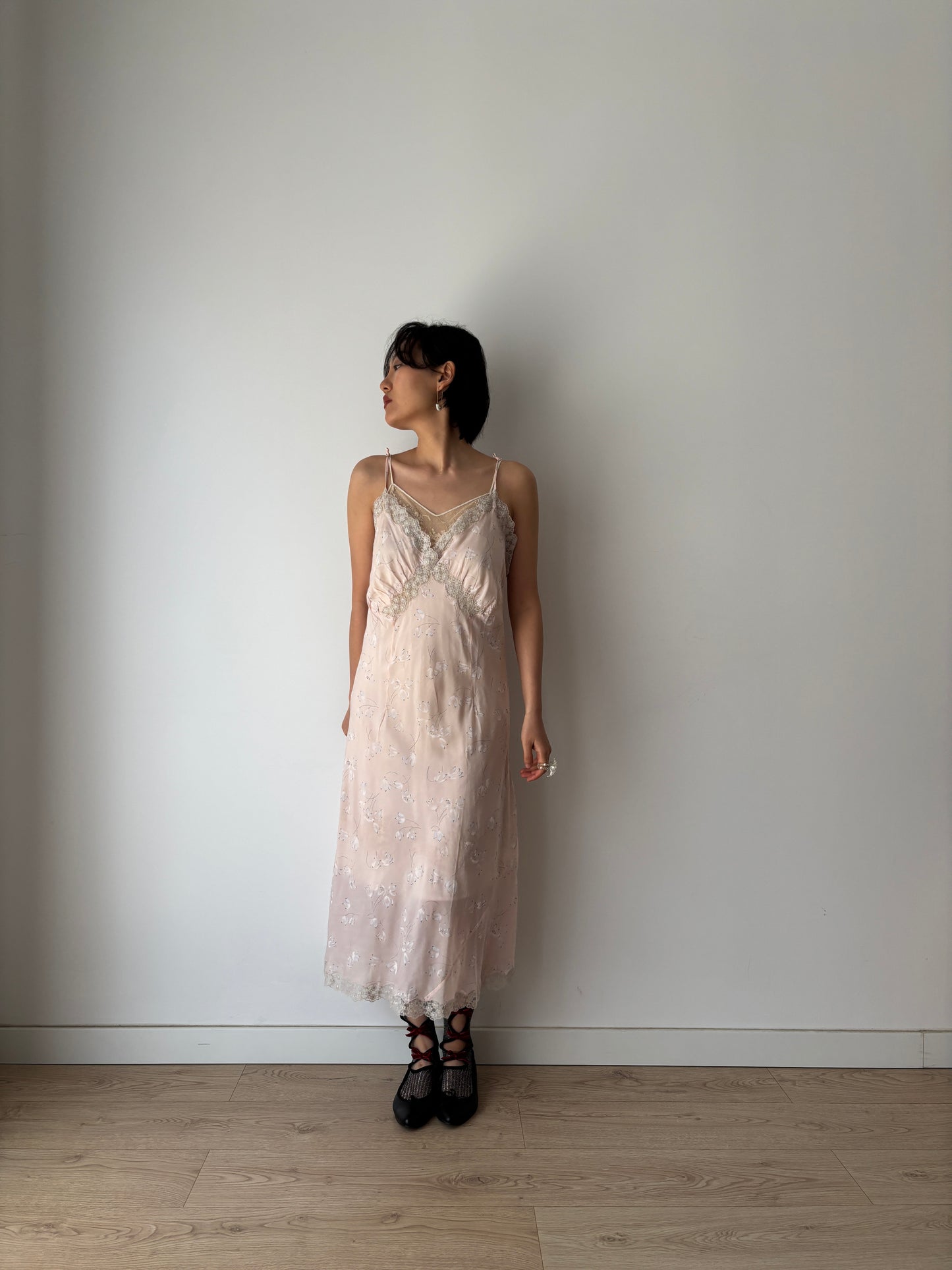 1940s rayon floral print lace slip