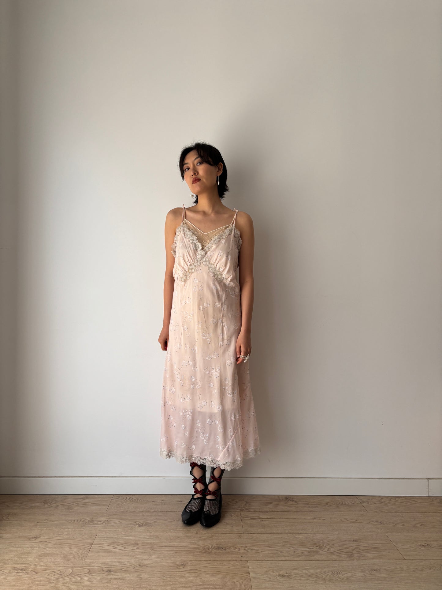 1940s rayon floral print lace slip