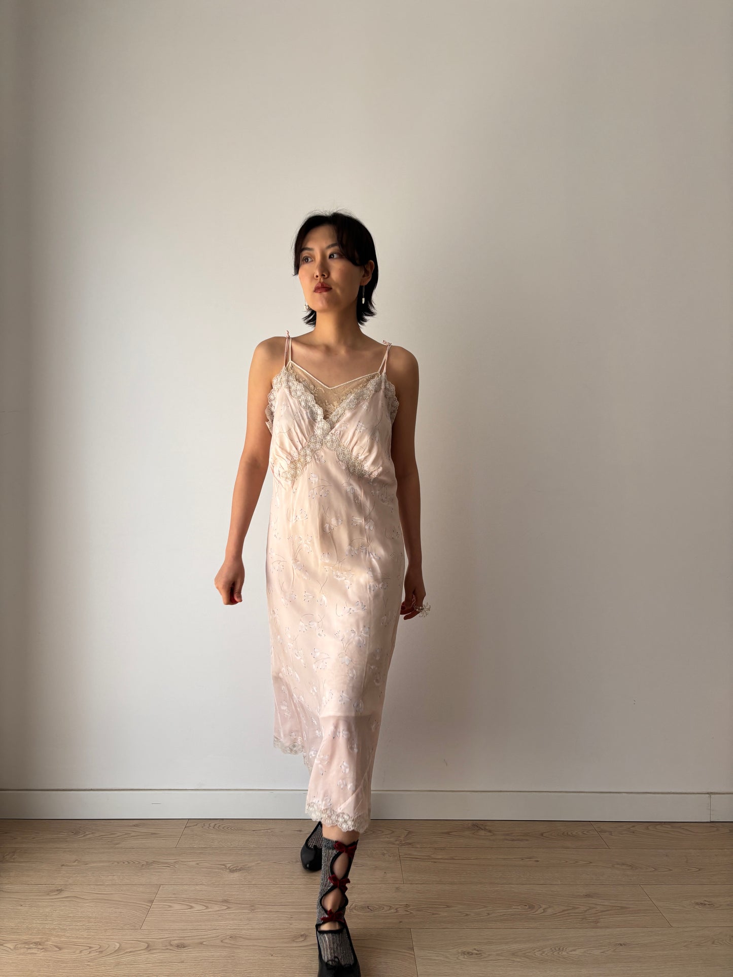 1940s rayon floral print lace slip
