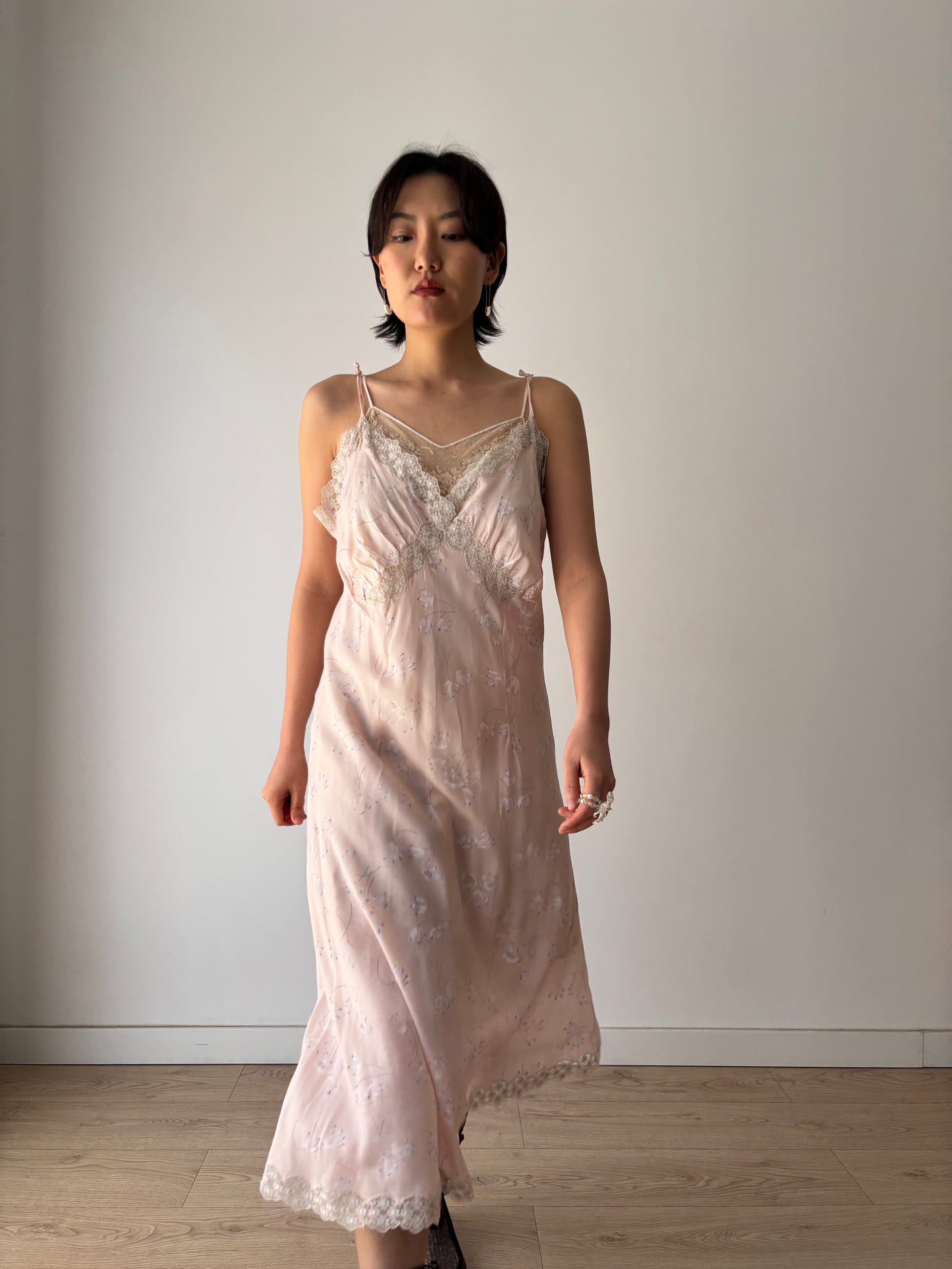 1940s rayon floral print lace slip