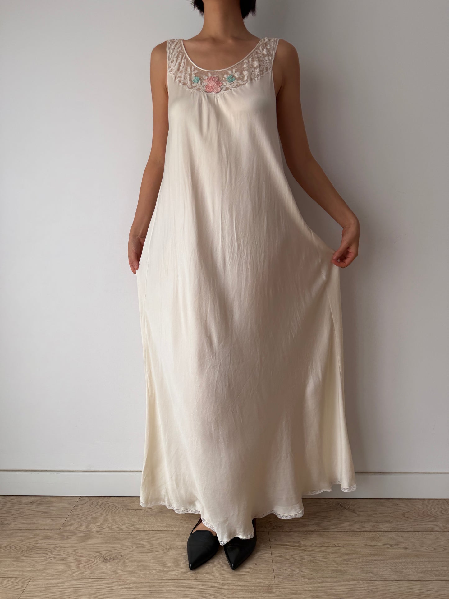 Vintage Bridal Florentine Pure Silk Nightdress, Embroidered Lace, Romantic Maxi Dress