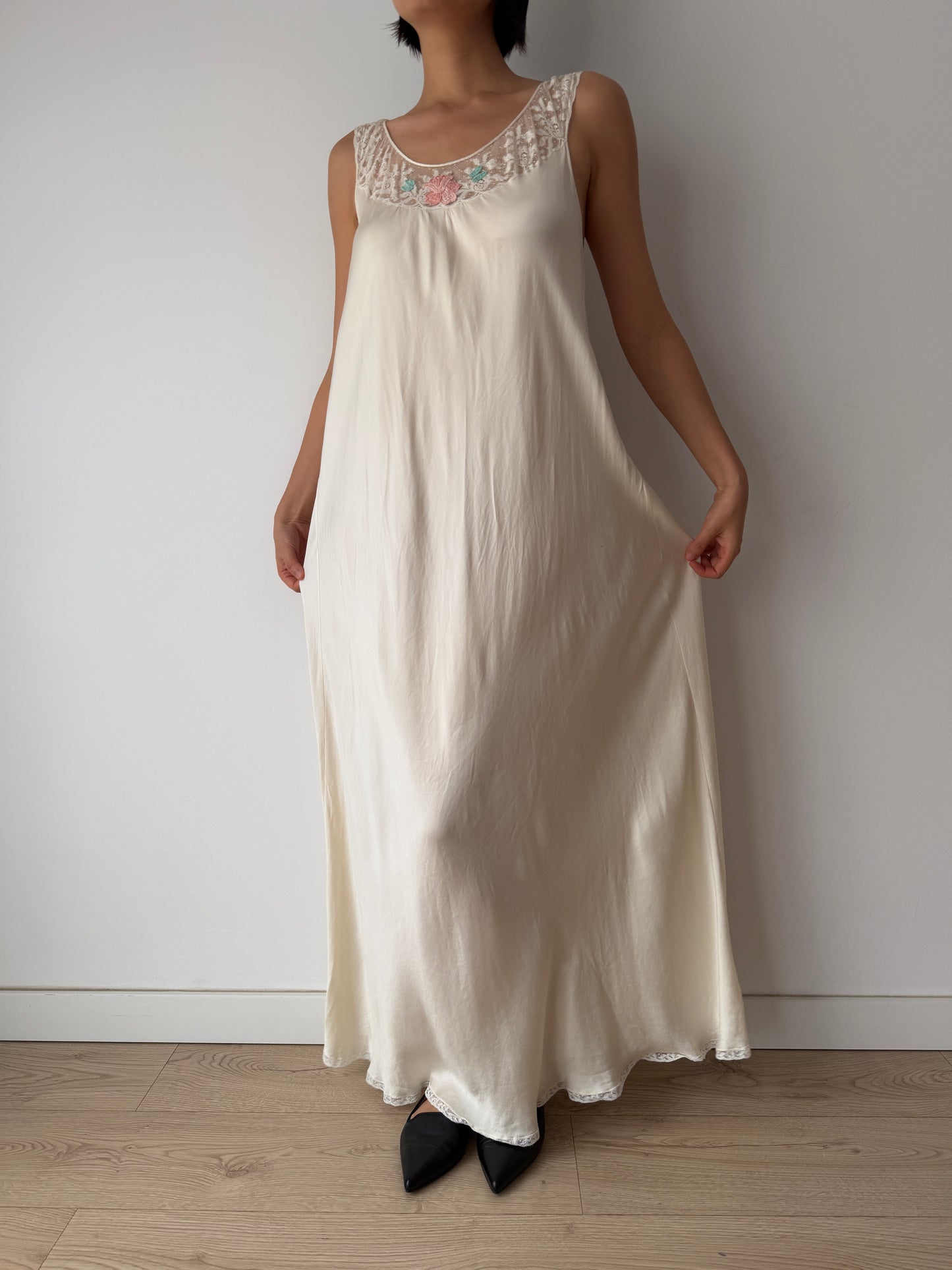 Vintage Bridal Florentine Pure Silk Nightdress, Embroidered Lace, Romantic Maxi Dress