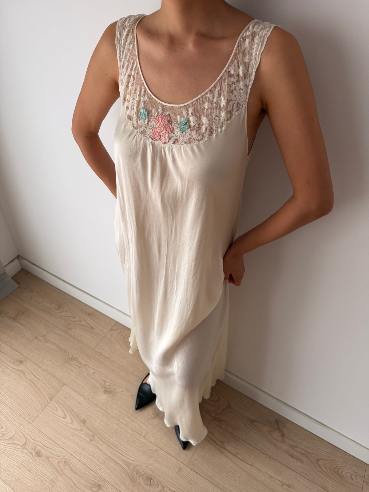 Vintage Bridal Florentine Pure Silk Nightdress, Embroidered Lace, Romantic Maxi Dress