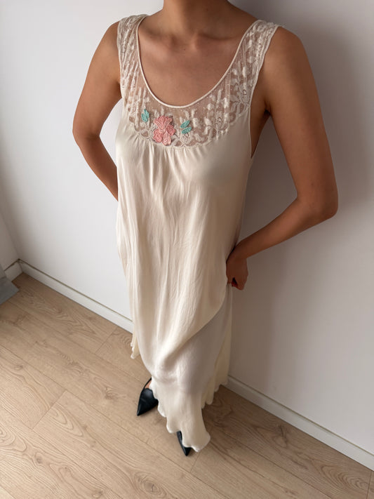 Vintage Bridal Florentine Pure Silk Nightdress, Embroidered Lace, Romantic Maxi Dress