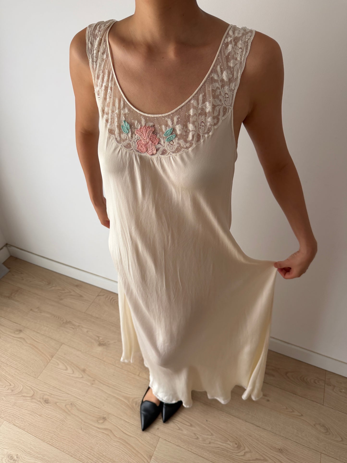 Vintage Bridal Florentine Pure Silk Nightdress, Embroidered Lace, Romantic Maxi Dress