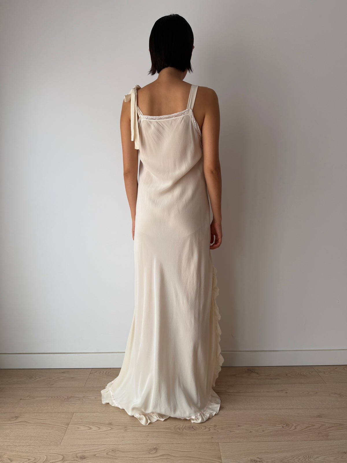Vintage Florentine Pure Silk Ruffled Lace Bridal Nightgown, Embroidered Vintage Maxi Dress
