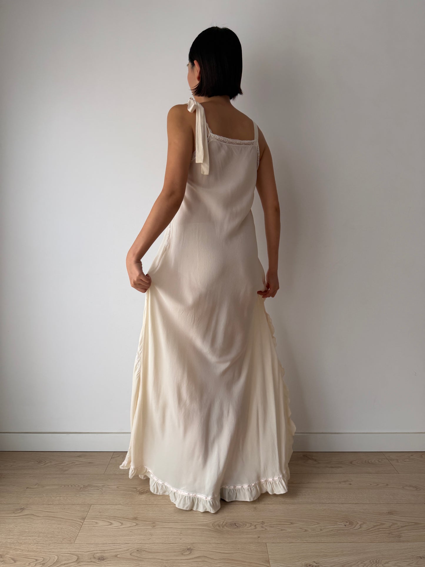Vintage Florentine Pure Silk Ruffled Lace Bridal Nightgown, Embroidered Vintage Maxi Dress