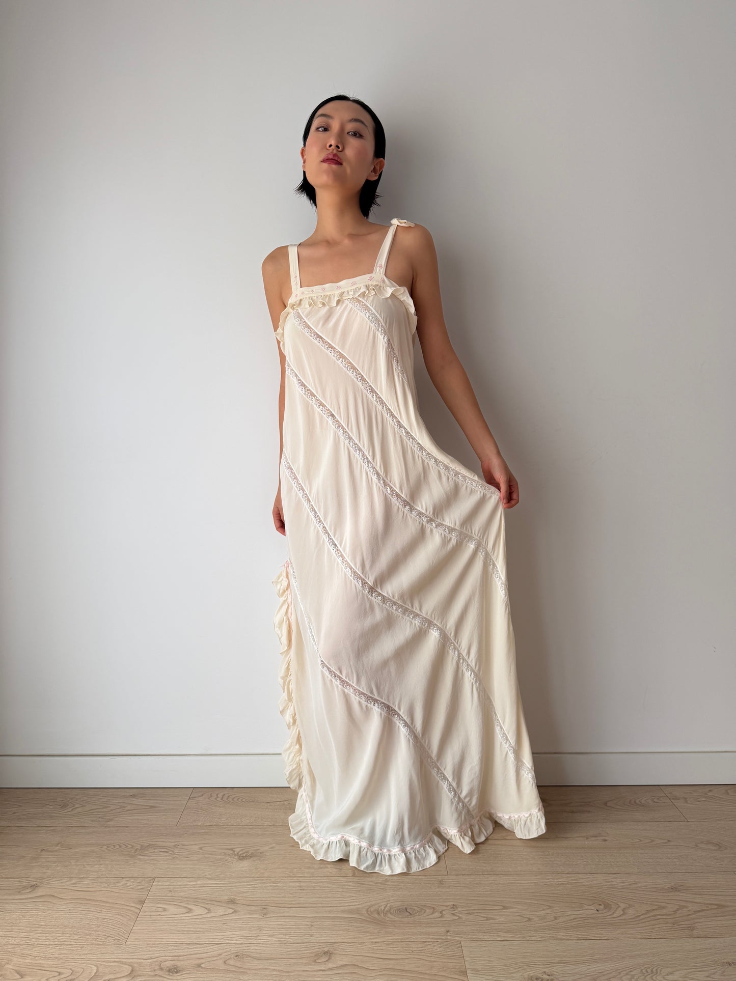 Vintage Florentine Pure Silk Ruffled Lace Bridal Nightgown, Embroidered Vintage Maxi Dress