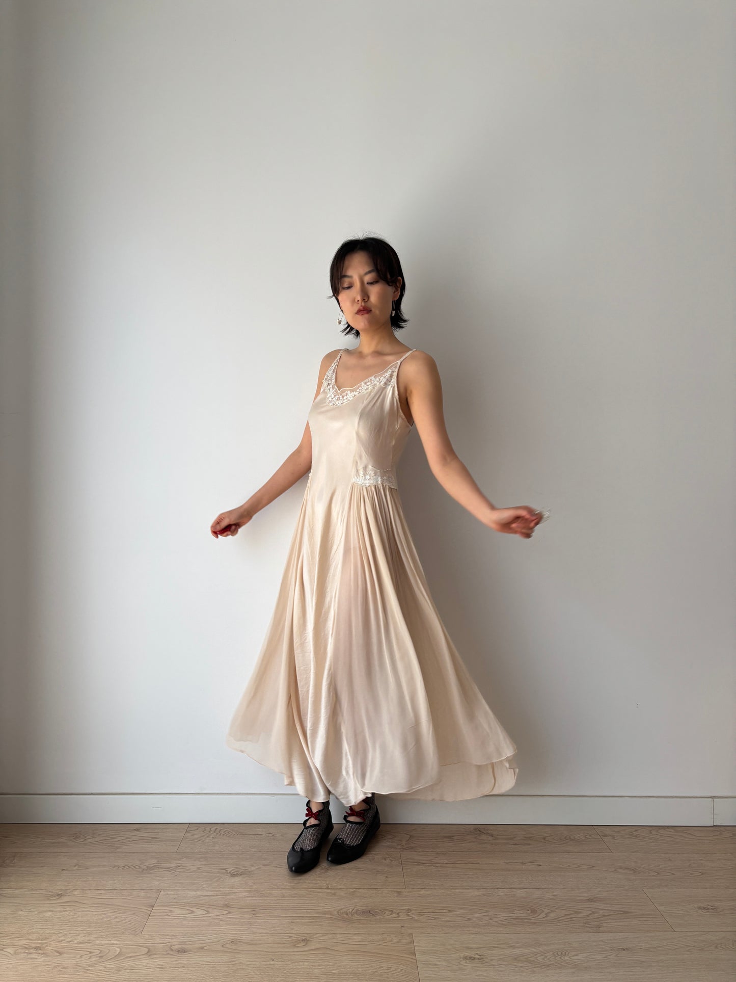 Vintage 90s Y2K romantic floral ballet pure silk pink bridal slip maxi dress