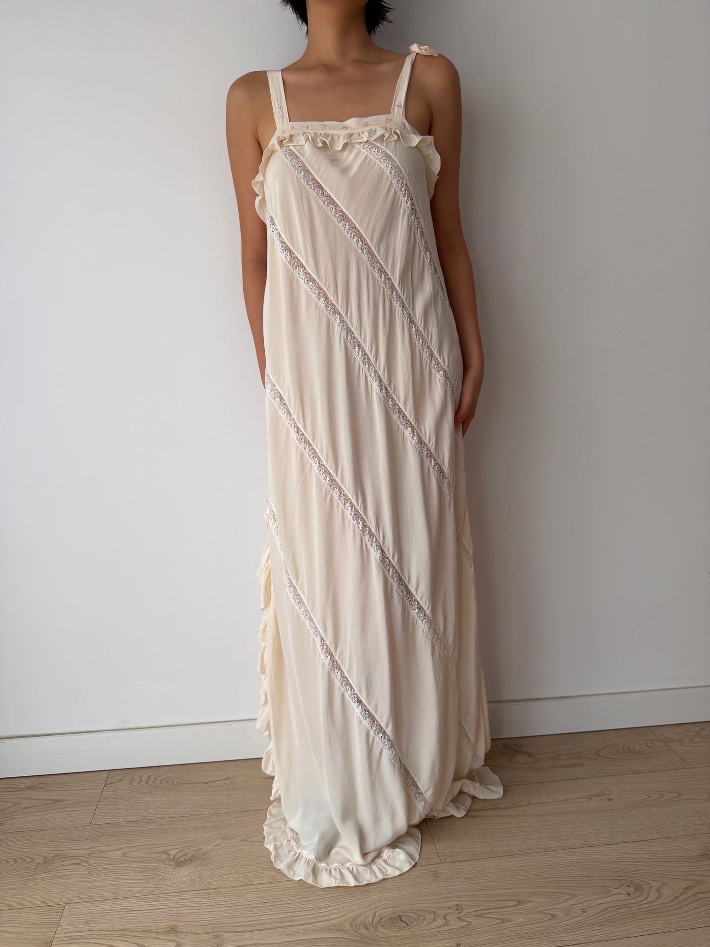 Vintage Florentine Pure Silk Ruffled Lace Bridal Nightgown, Embroidered Vintage Maxi Dress