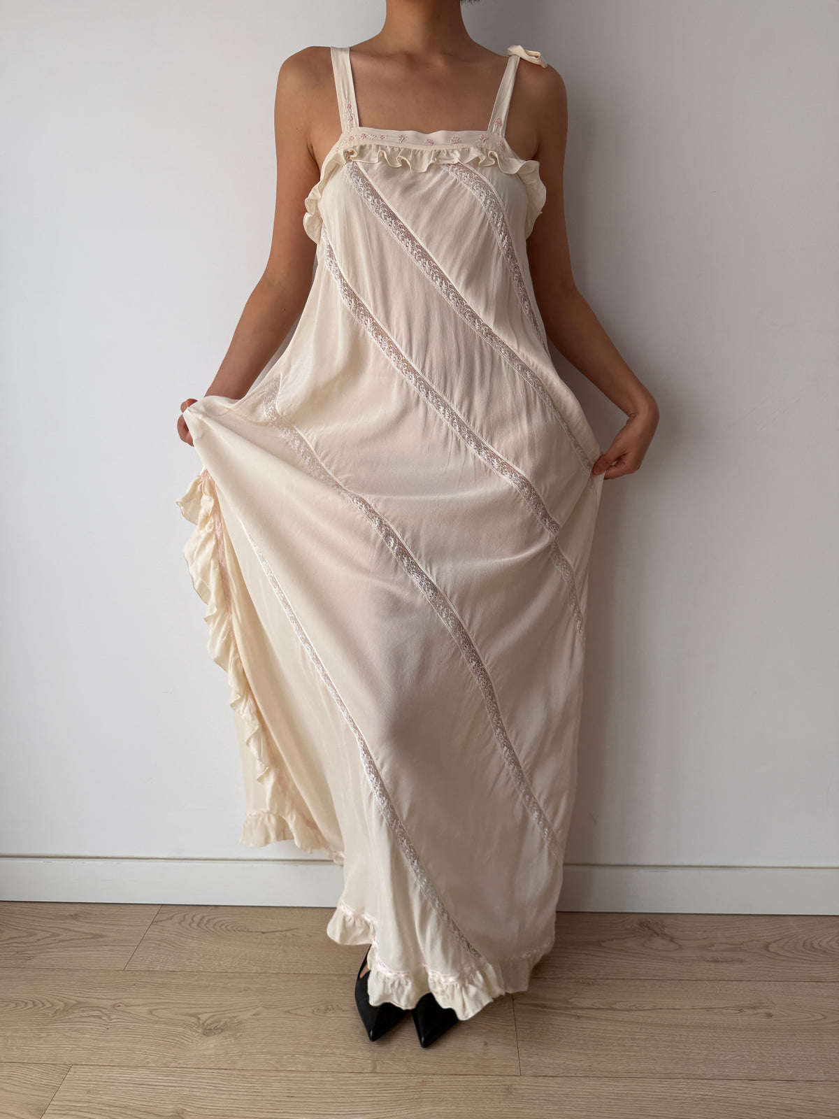 Vintage Florentine Pure Silk Ruffled Lace Bridal Nightgown, Embroidered Vintage Maxi Dress